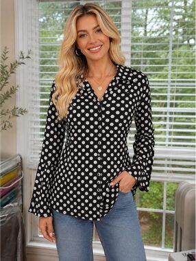 Pure Amici Black White Polka Dot Mesh Button Front Blouse Women’s Small Stretch